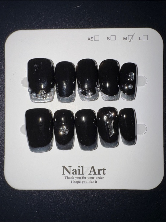 Other - Black Press-On Nails with Silver Glitter Tips and Rhinestones